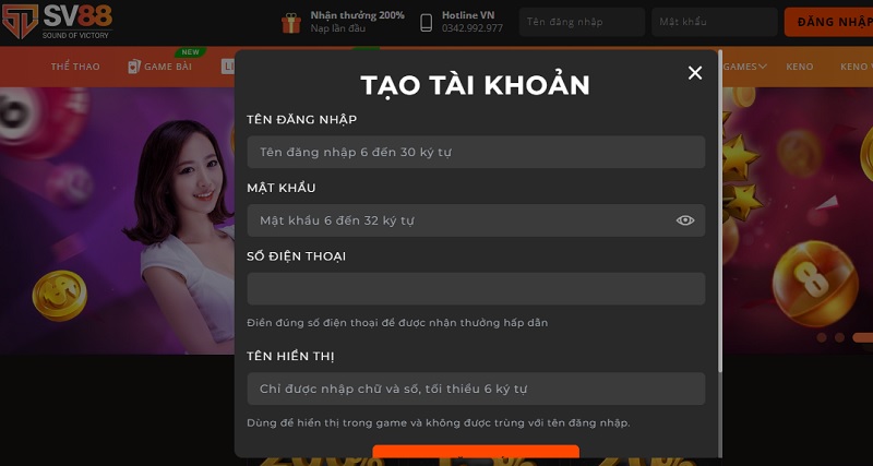 Thao tác đăng ký SV88